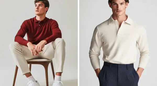 Uomo con polo bordeaux e pantaloni chiari, e uomo con maglione beige e pantaloni a righe. Stile casual chic.