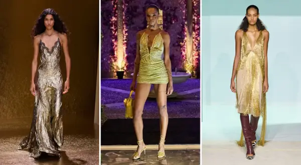 Modelli indossano abiti scintillanti color oro, mostrando eleganti abbinamenti vestiti per un look audace e glamour.