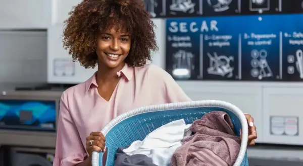 Donna sorridente con un cesto di panni in lavanderia. Attenzione, la centrifuga restringe i capi se non si usa il programma giusto!
