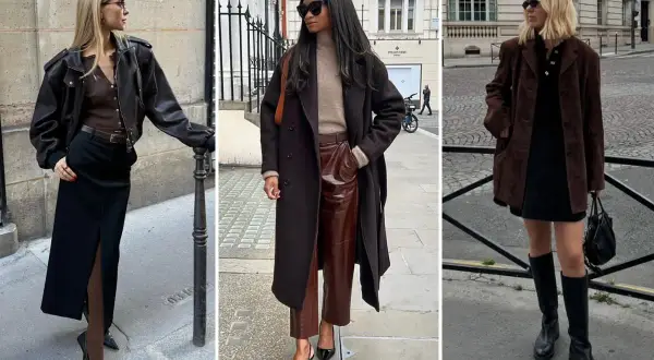 Tre donne mostrano outfit eleganti: marrone e nero stanno bene insieme, con giacche in pelle, cappotti lunghi e gonne.