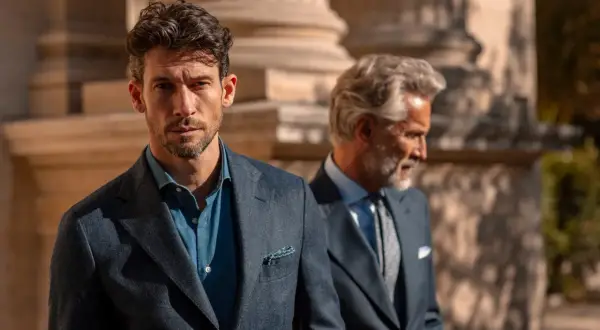 Uomo con spezzato abbinamento giacca pantaloni camicia, un look elegante e moderno.