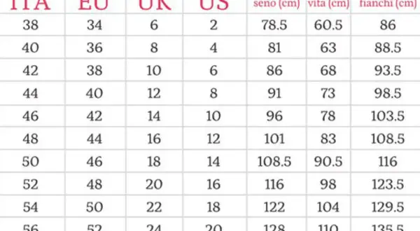Tabella taglie: ITA 44 corrisponde a EU 40, UK 12, US 8. Misure seno 91, vita 73, fianchi 98.5.