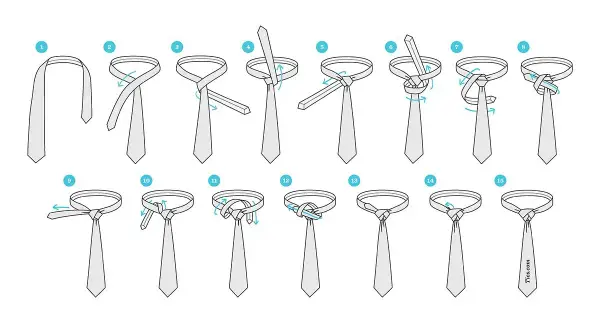 Illustrazione passo passo per creare un nodo cravatta perfetto. Segui le 15 fasi per un risultato impeccabile.