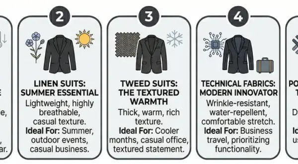 Cinque stili di outfit uomo: lana classica, lino estivo, tweed caldo, tessuti tecnici innovativi e poliestere pratico.