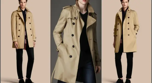 Uomo con un elegante outfit con trench beige, camicia a quadri e pantaloni neri.