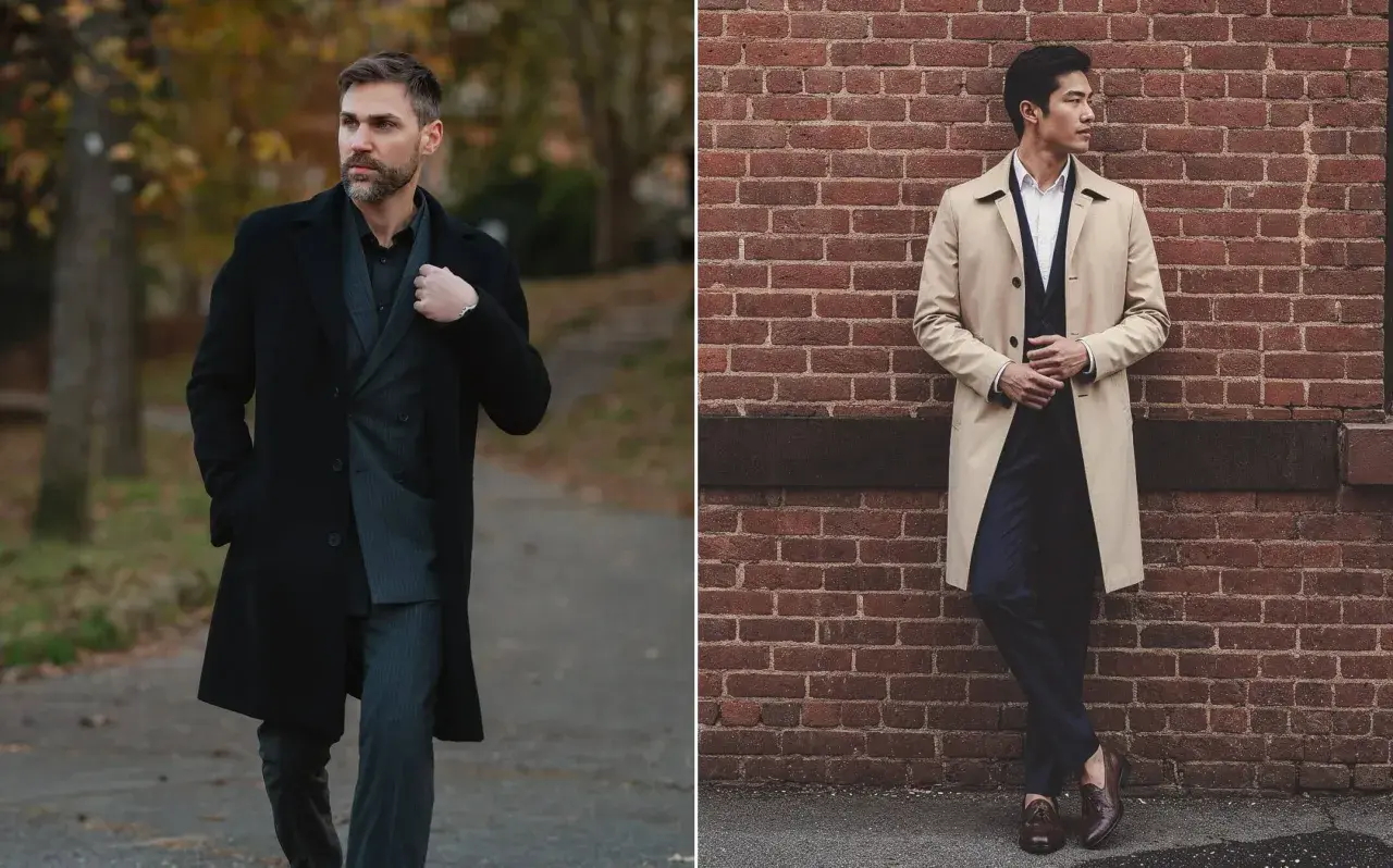 Uomo con abbinamento cappotto nero e completo gessato, e un altro uomo con trench beige e completo blu.