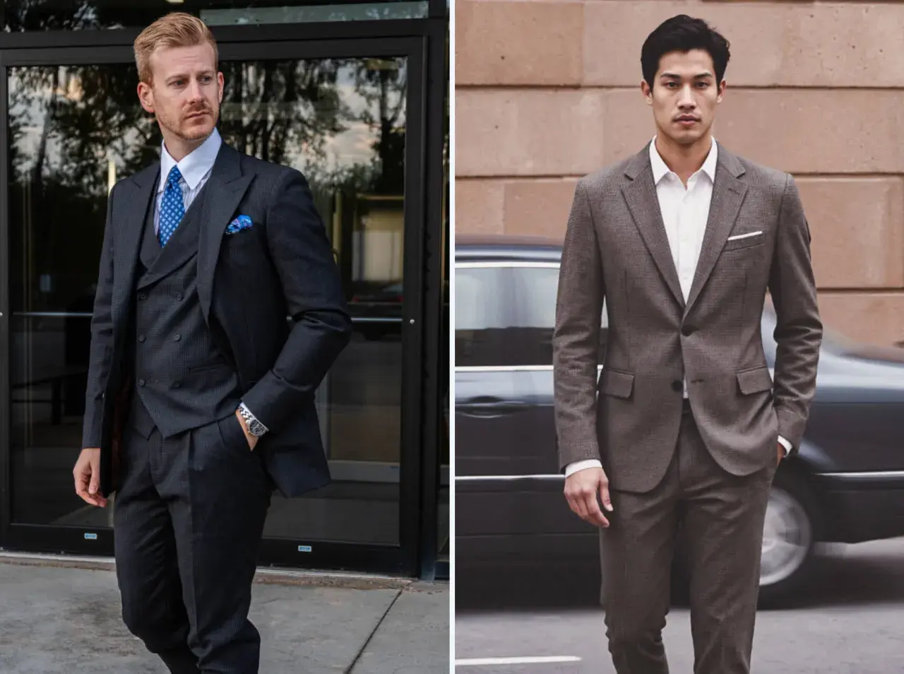 Uomo con abito grigio, gilet e cravatta blu. Accanto, un altro uomo con abito grigio e cravatta.