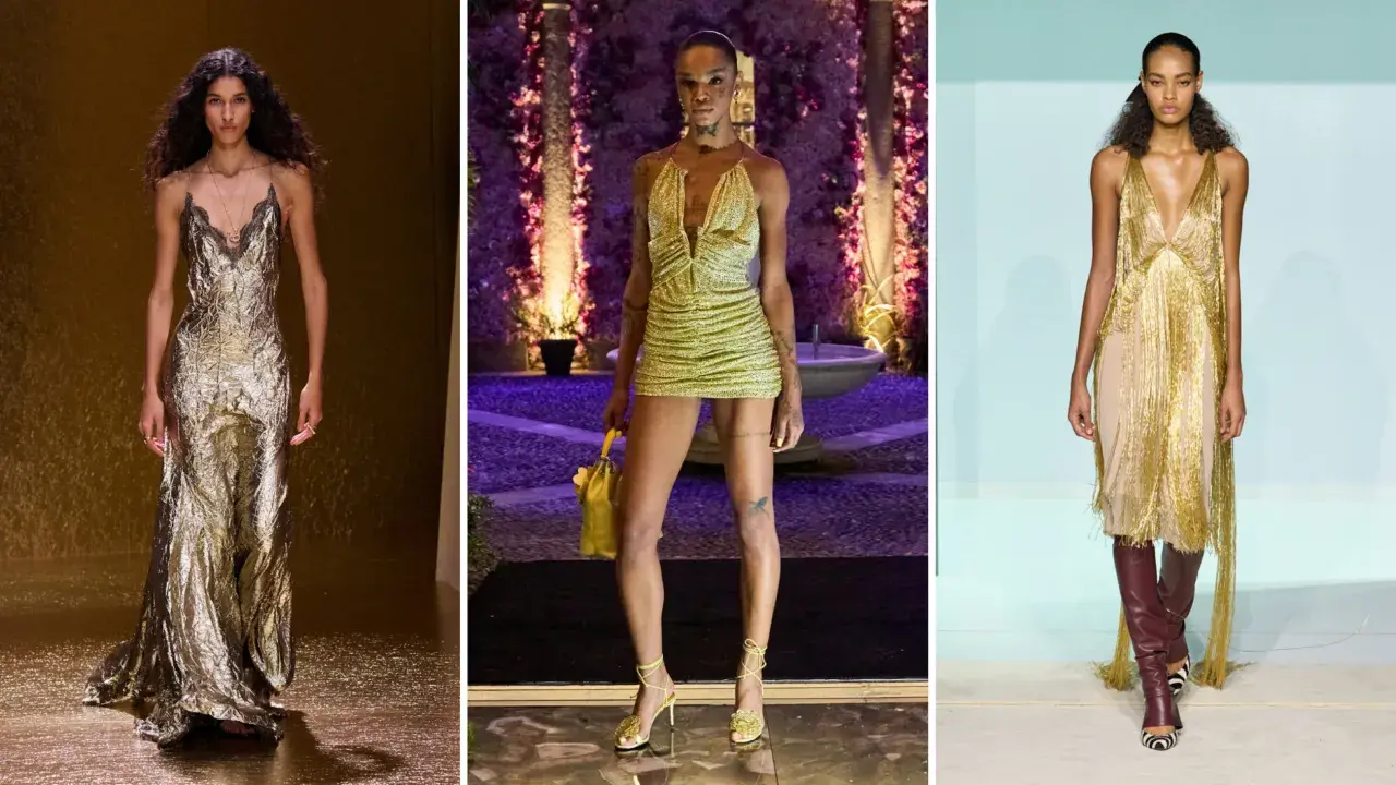 Modelli indossano abiti scintillanti color oro, mostrando eleganti abbinamenti vestiti per un look audace e glamour.