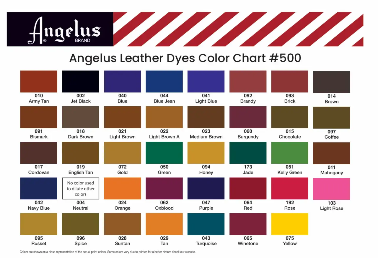 Tabella colori tinture per pelle Angelus. Molti colori cuoio abbinamenti perfetti per ogni progetto.