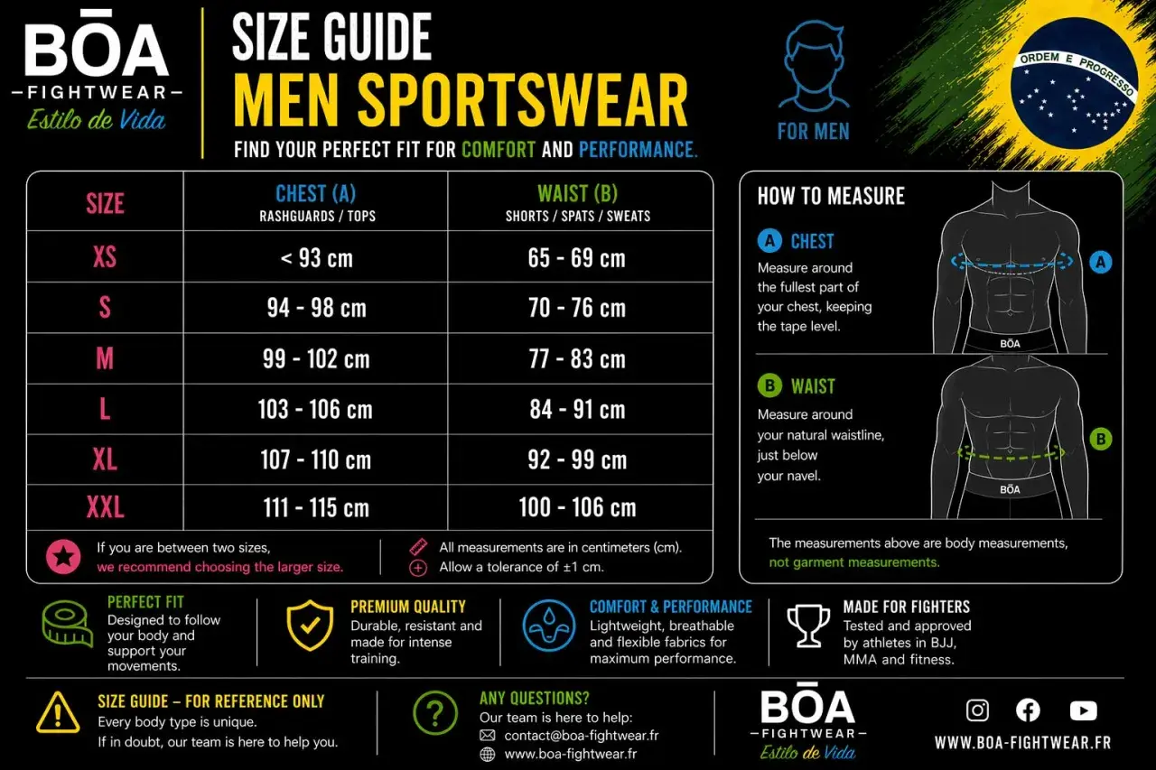 Tabella misure sartoriali uomo per sportswear: taglie XS-XXL con misure di petto e vita in cm. Guida per trovare la vestibilità perfetta.