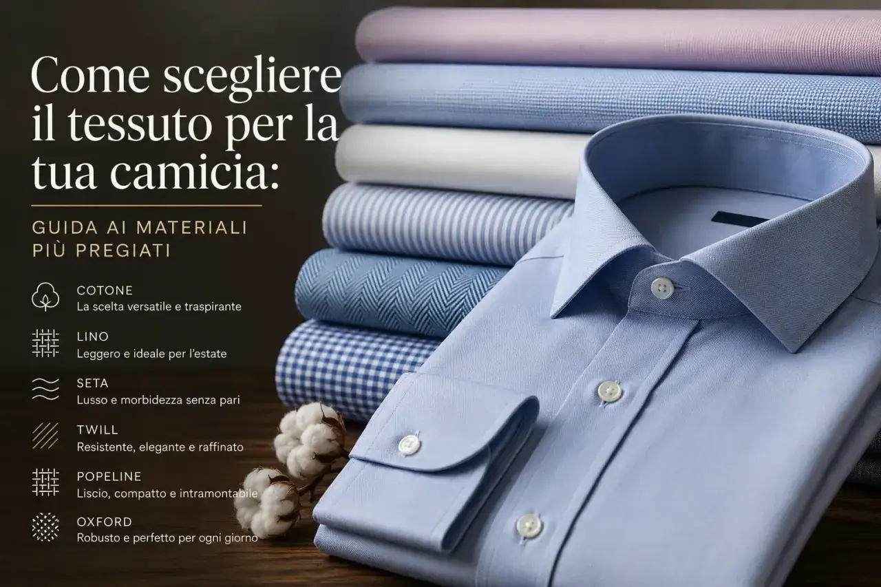 Guida alla scelta dei tessuti per camicie da uomo estive: cotone, lino, seta, twill, popeline e oxford.