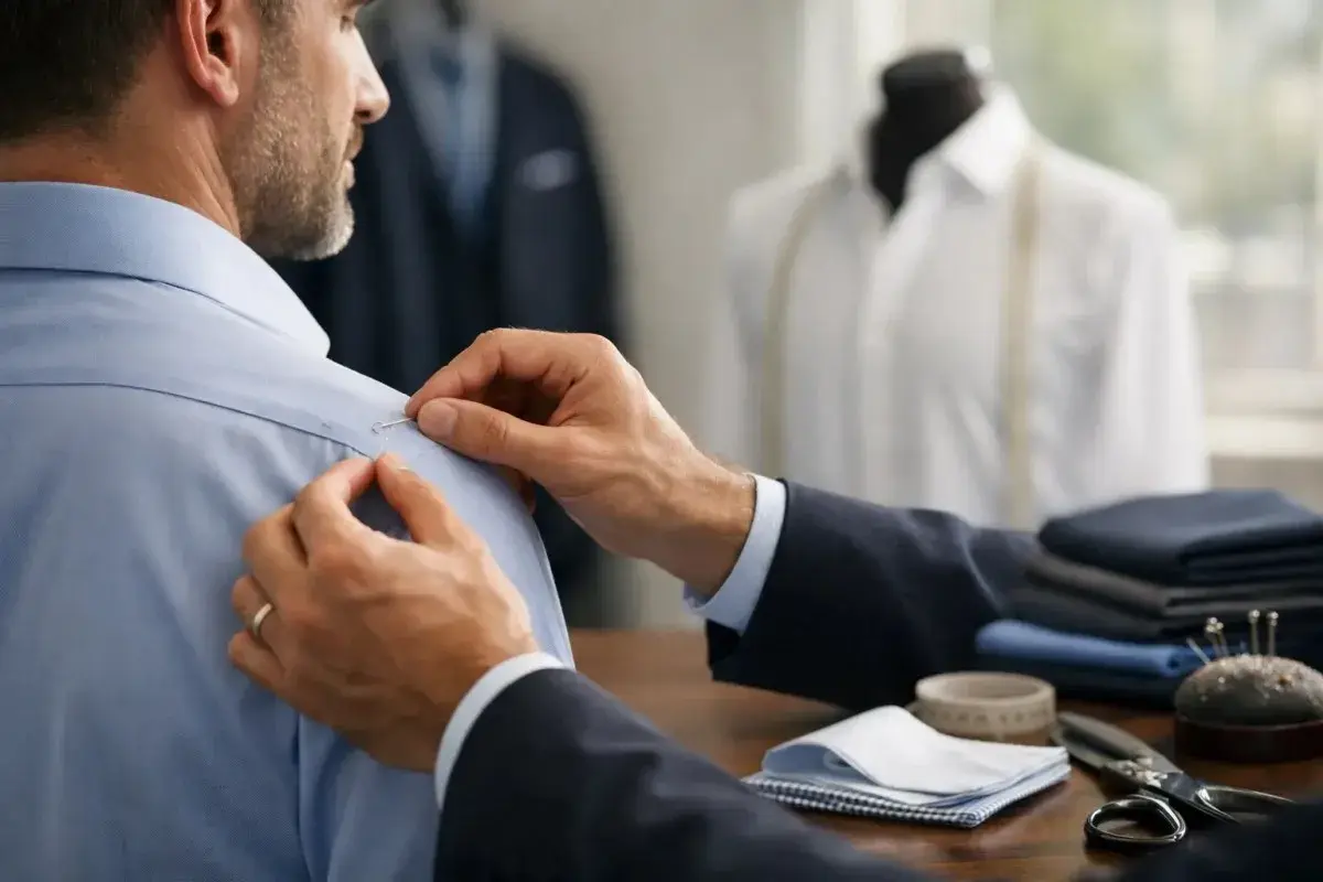 Sarto aggiusta le maniche camicia di un cliente, con tessuti e forbici sul tavolo.