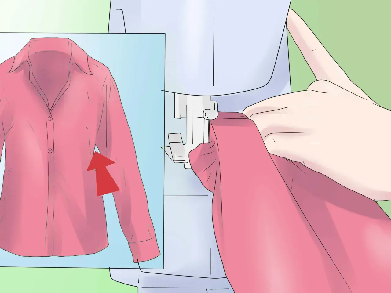 Mani che guidano una maglietta rosa sotto una macchina da cucire, con un'immagine ingrandita della maglietta che mostra una freccia rossa. Impara come restringere una maglietta.