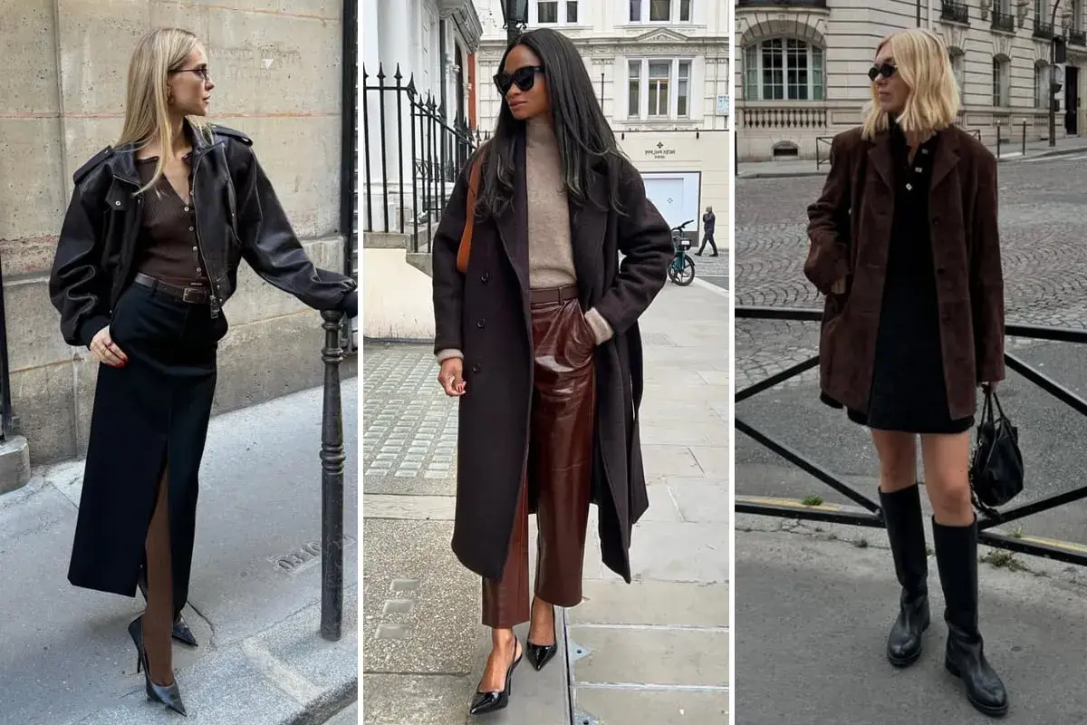 Tre donne mostrano outfit eleganti: marrone e nero stanno bene insieme, con giacche in pelle, cappotti lunghi e gonne.