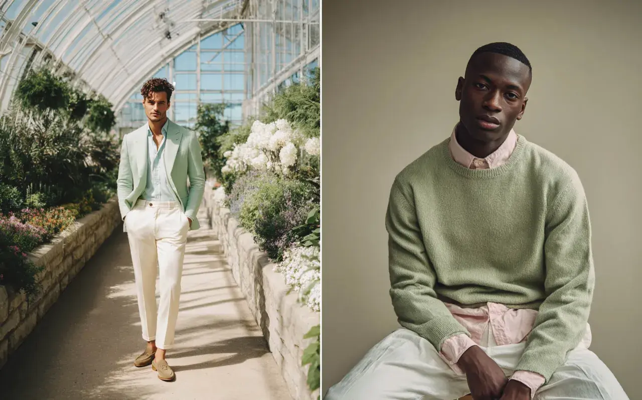 Uomo con abbinamento grigio e verde: completo sartoriale menta e pantaloni chiari, e maglione verde su camicia rosa.
