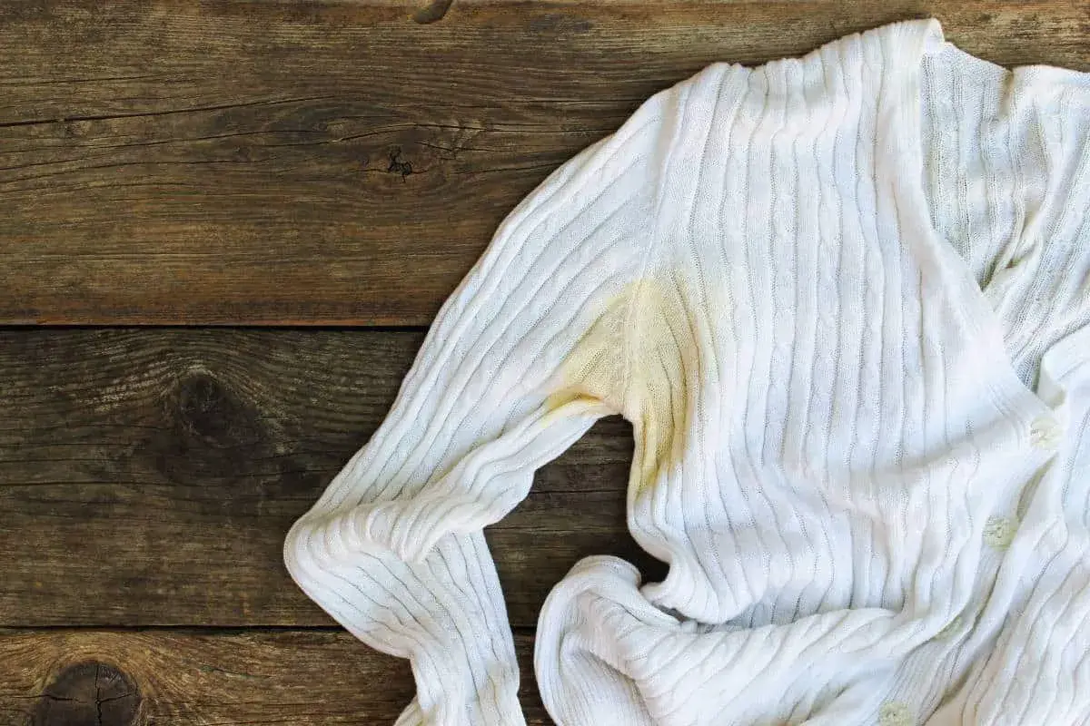 Maglione bianco con evidenti macchie gialle sotto l'ascella, un problema comune per chi cerca come togliere macchie di sudore vecchie.
