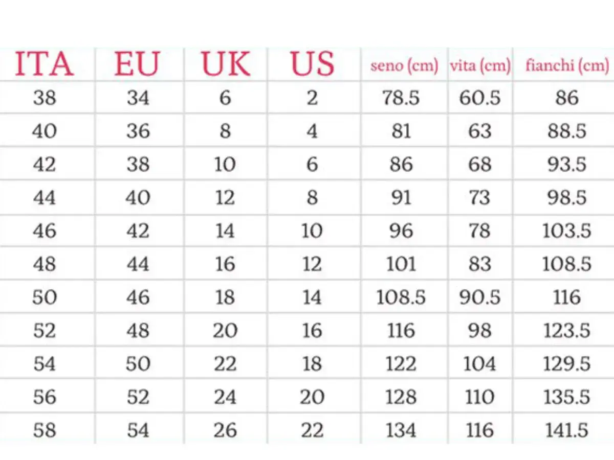 Tabella taglie: ITA 44 corrisponde a EU 40, UK 12, US 8. Misure seno 91, vita 73, fianchi 98.5.