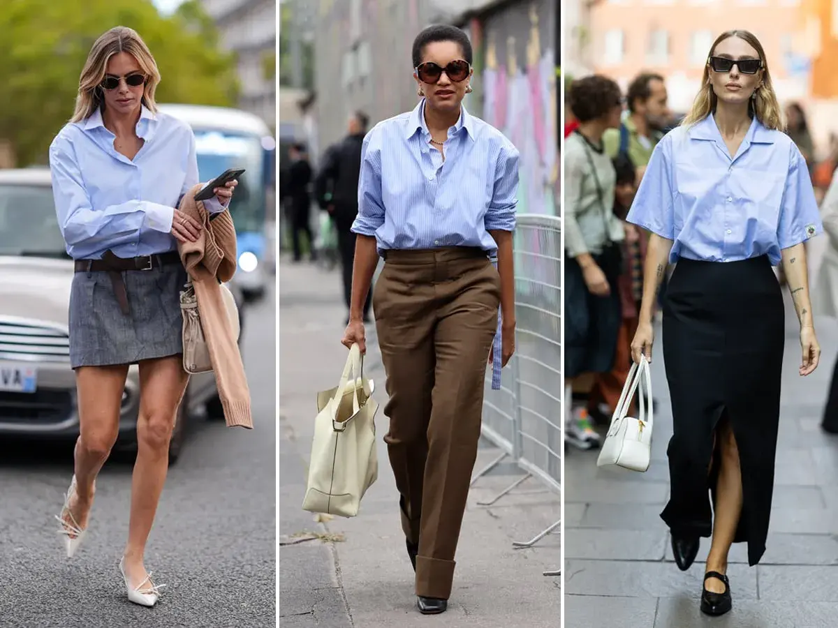 Tre donne sfoggiano una camicia azzurra in modi diversi: con minigonna, pantaloni marroni e gonna nera lunga.