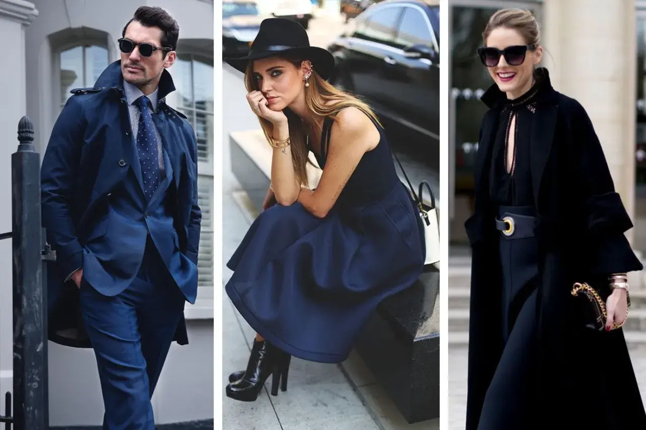 Uomo elegante in abito blu e trench, donna con abito blu e cappello, donna in nero con cappotto. L'abbinare blu e nero è un classico intramontabile.