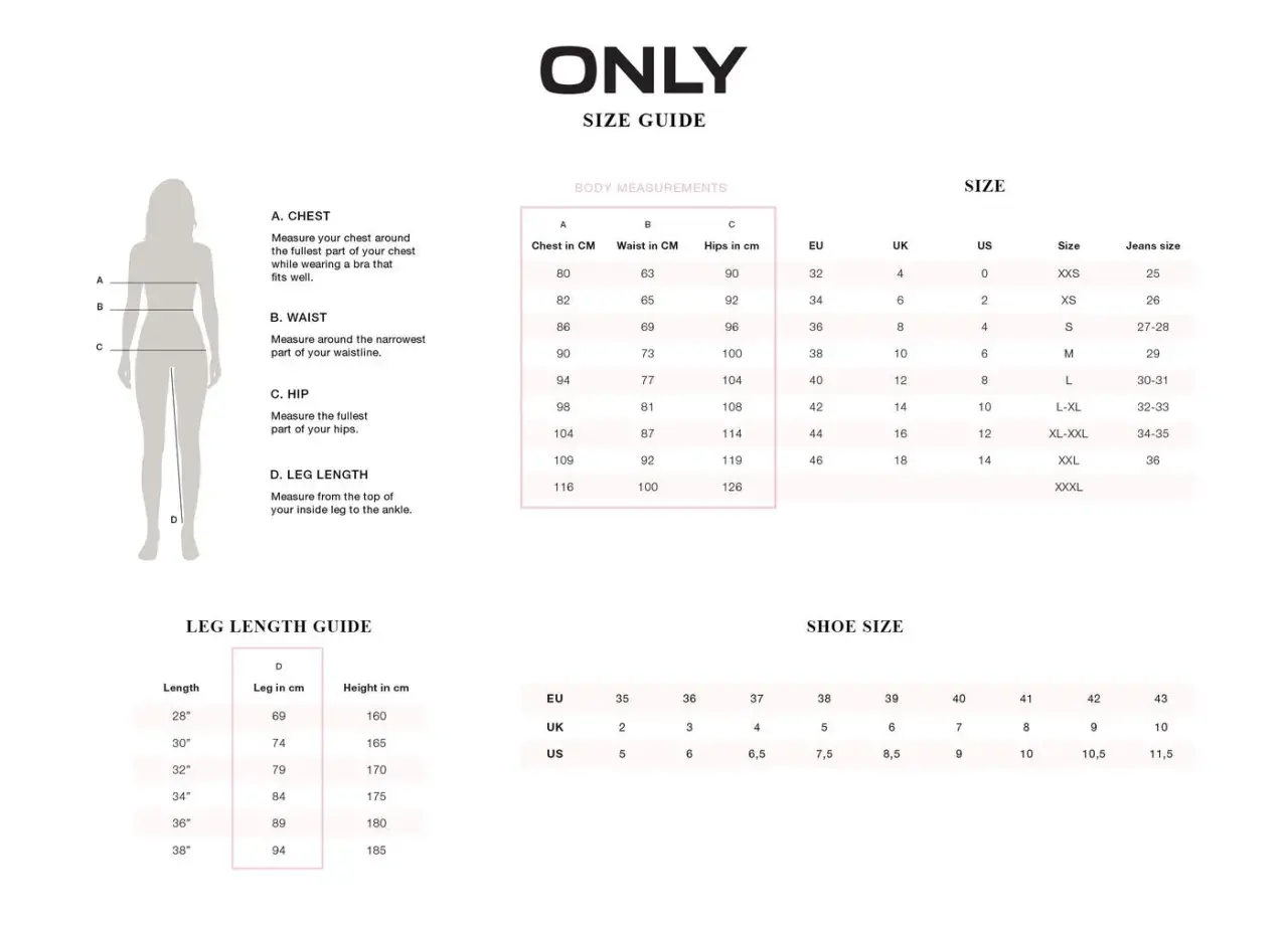 Guida taglie ONLY: la taglia 35 per i jeans corrisponde a una taglia XL-XXL, con girovita 87 cm e fianchi 114 cm.