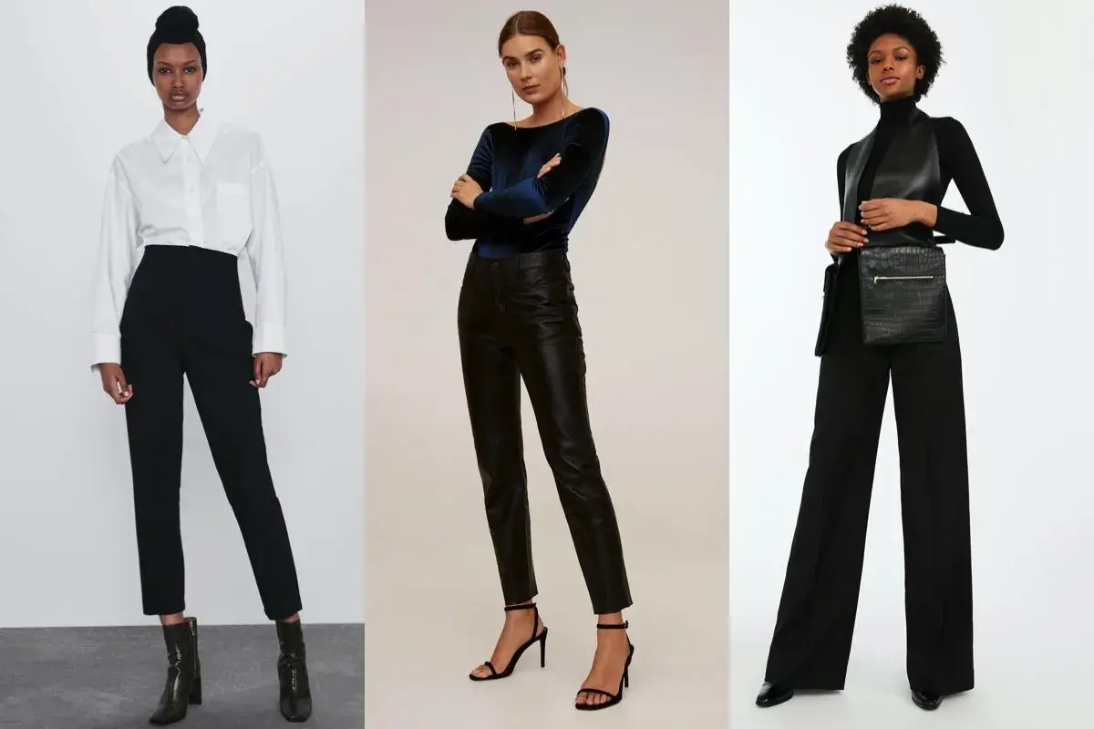 Tre look con pantaloni neri: eleganti con camicia bianca, audaci con top in velluto e pelle, o sofisticati con gilet e borsa a tracolla.