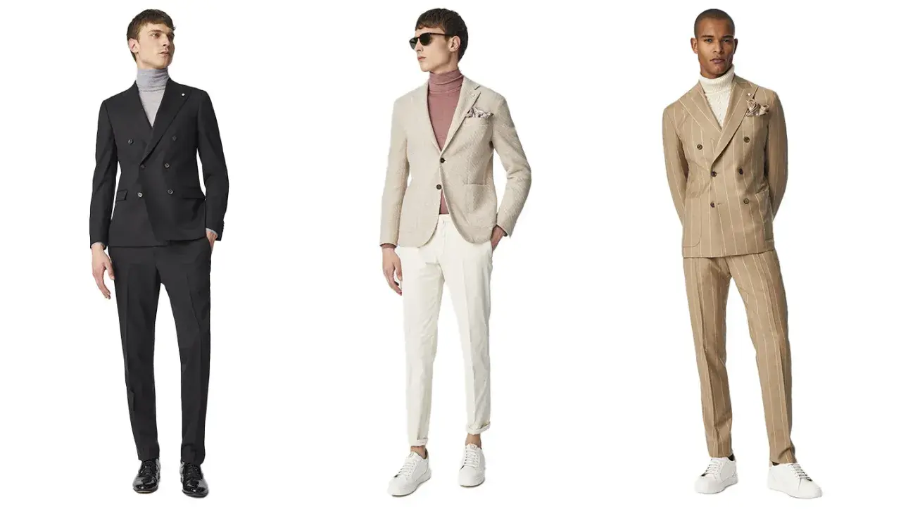 Tre uomini indossano abiti eleganti. Uno con gessato spezzato, un altro con completo nero e il terzo con giacca beige.