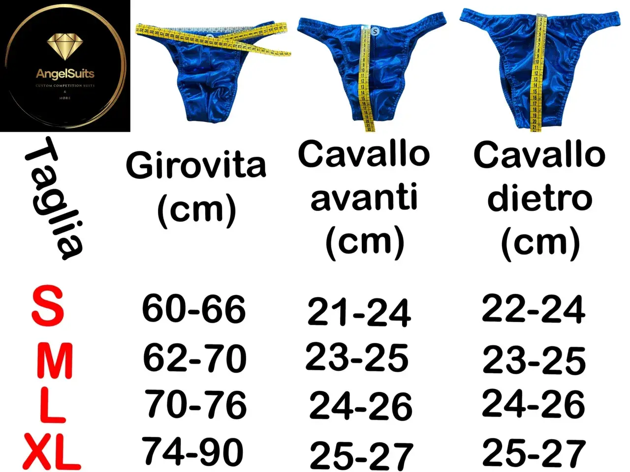 Tabella taglie AngelSuits: la taglia 54 a cosa corrisponde? Per la taglia XL, il girovita è 74-90 cm, cavallo avanti 25-27 cm e cavallo dietro 25-27 cm.