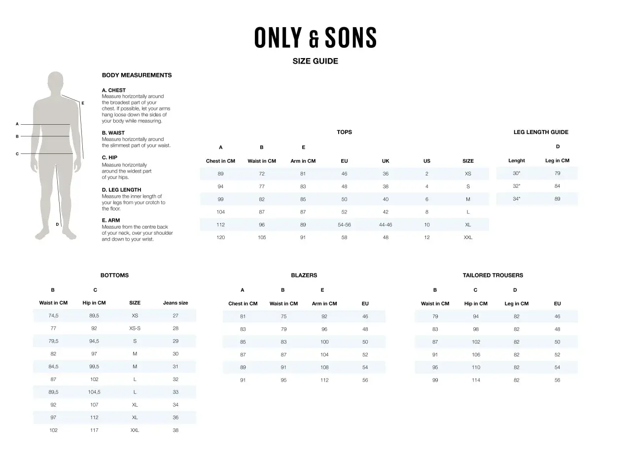 Guida taglie ONLY & SONS: scopri a che taglia corrisponde XS per top, pantaloni e blazer. Misure in cm per petto, vita, fianchi e braccia.