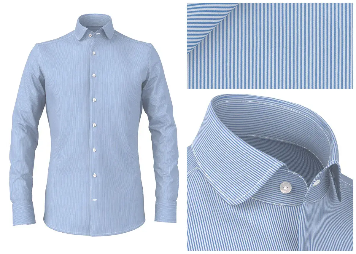 Camicia azzurra a righe bianche, con dettagli del tessuto e del colletto.