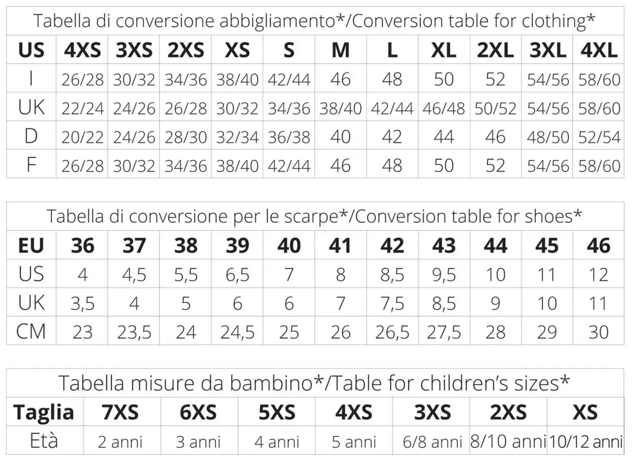 Tabelle di conversione per abbigliamento e scarpe, utili per capire la corrispondenza taglie americane con quelle europee e UK.