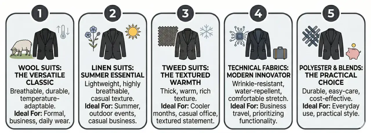 Cinque stili di outfit uomo: lana classica, lino estivo, tweed caldo, tessuti tecnici innovativi e poliestere pratico.