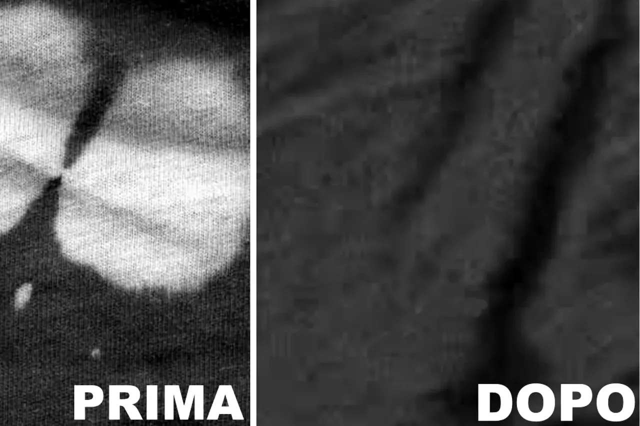 Split image showing a black fabric with white bleach stains on the left ("PRIMA") and the same fabric with the stains removed on the right ("DOPO").