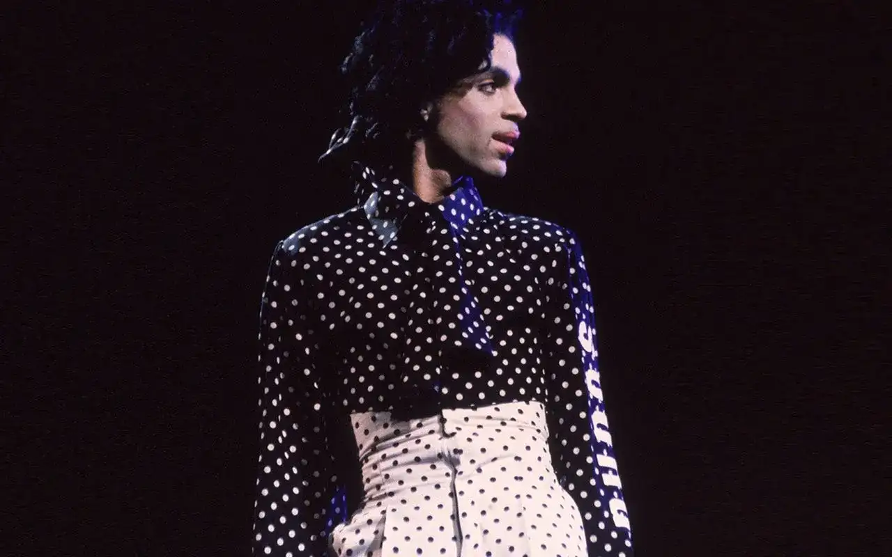 Iconico Prince con camicia a pois uomo e pantaloni a vita alta, un look audace e indimenticabile.