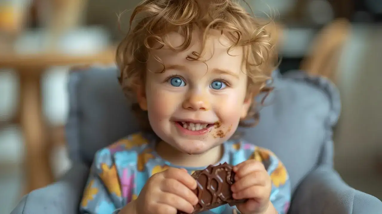 Bambino con macchie di cioccolato sul viso, che tiene una tavoletta. Ecco come togliere le macchie di cioccolato!