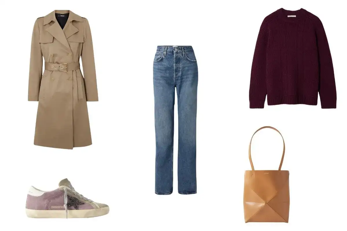 Un trench beige, jeans blu, un maglione bordeaux, sneakers lilla e una borsa marrone: ecco come abbinare il bordeaux per un look chic.