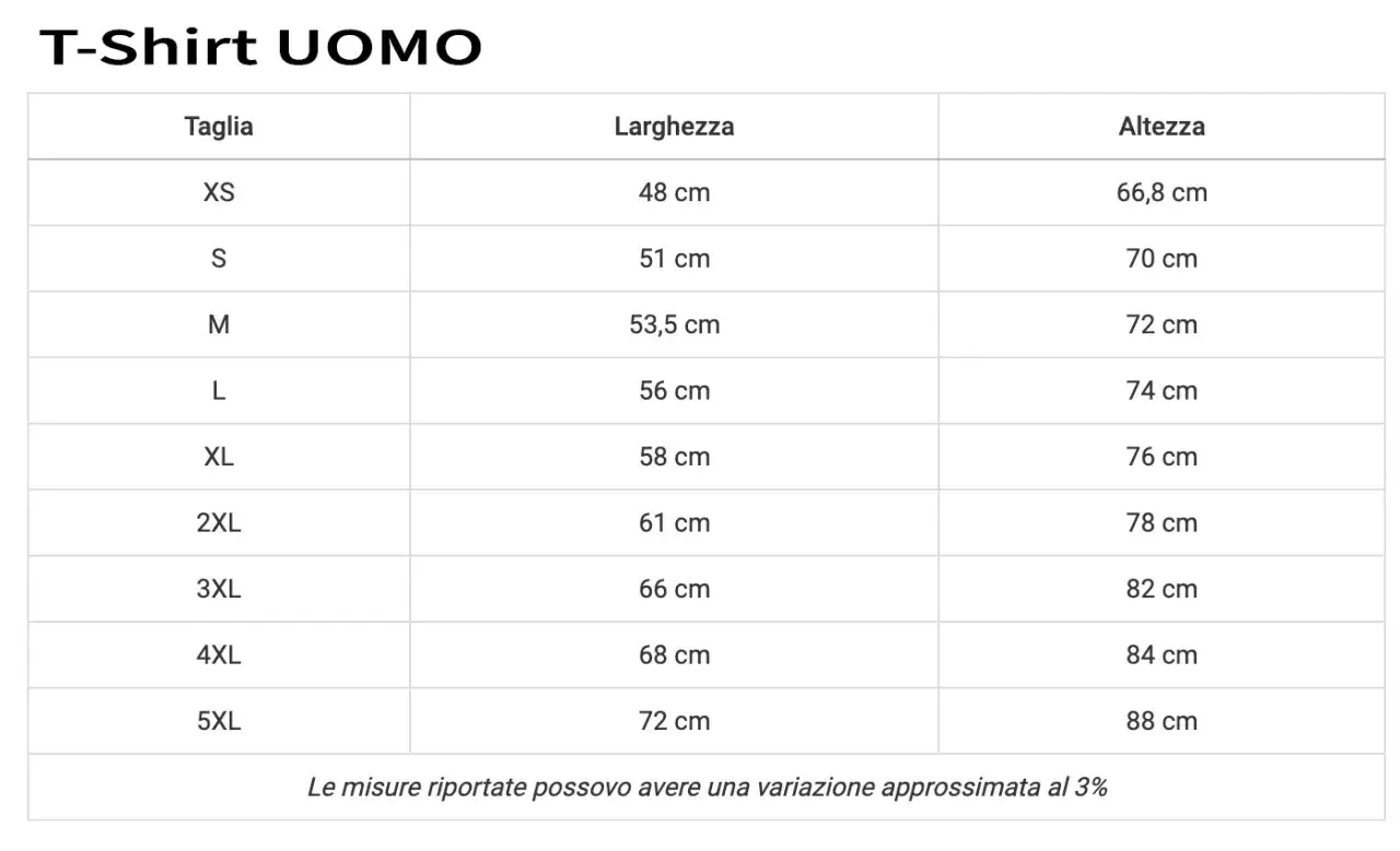 Tabella misure T-Shirt UOMO: taglie da XS a 5XL con larghezza e altezza in cm. Le misure sono approssimate.