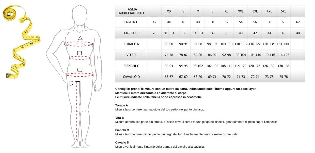 Tabella taglie uomo con misure per torace, vita, fianchi e cavallo. Guida per scegliere la taglia giusta.