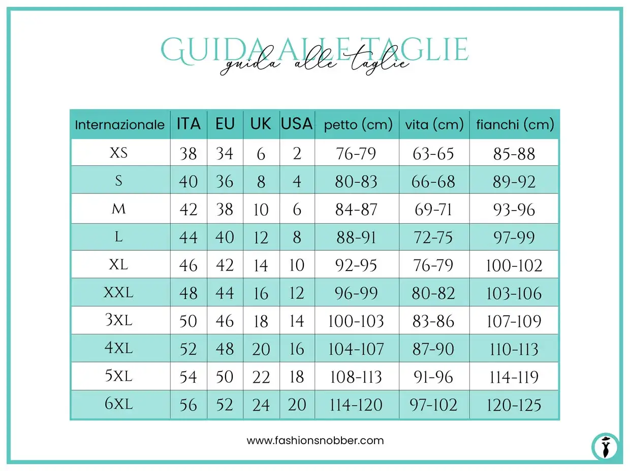 Tabella taglie con misure internazionali, ITA, EU, UK, USA, petto, vita e fianchi. Utile per capire le taglie americane.