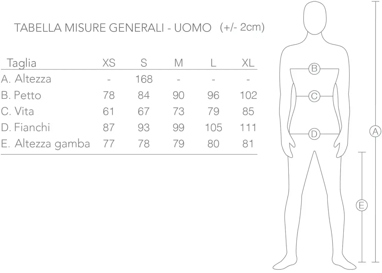 Tabella misure uomo: XS corrisponde a petto 78, vita 61, fianchi 87, altezza gamba 77.