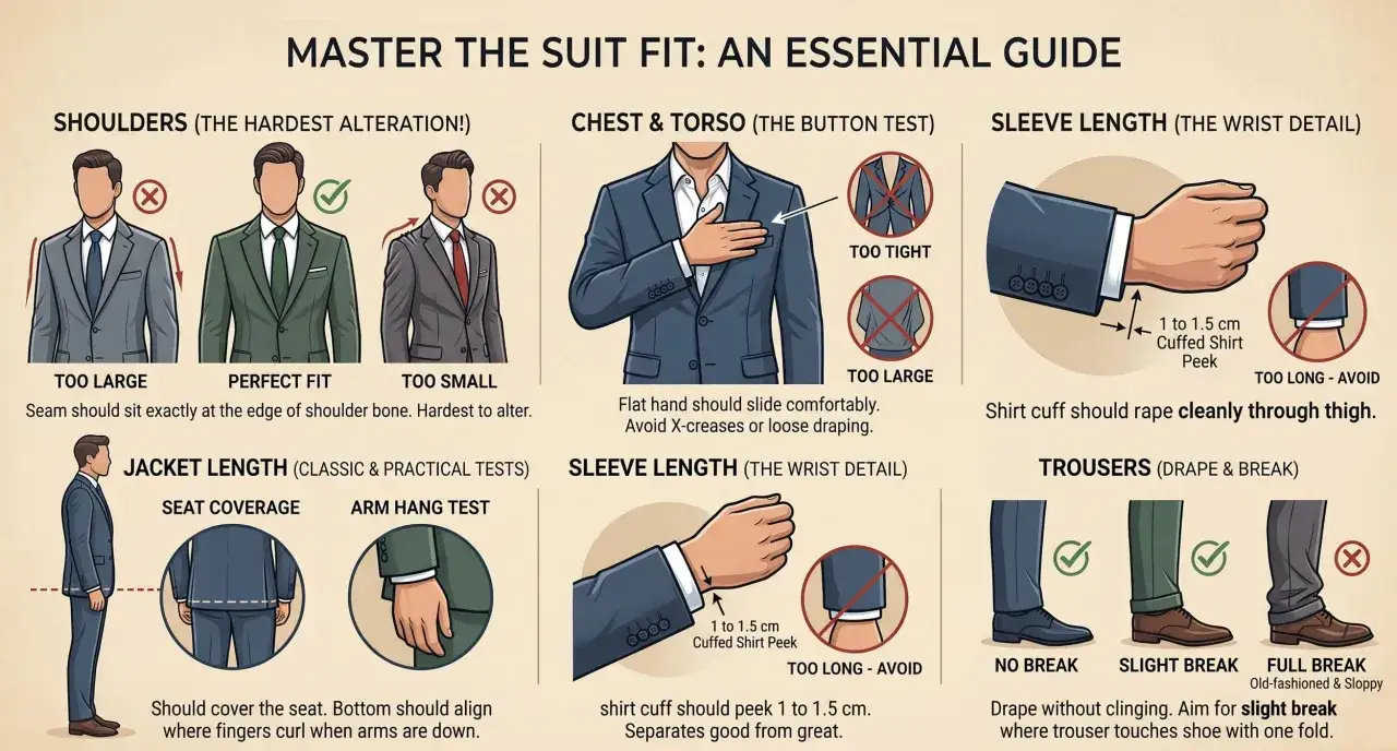 Guida al regular fit significato: spalle, torace, maniche e pantaloni. Immagini mostrano come un abito deve calzare perfettamente.
