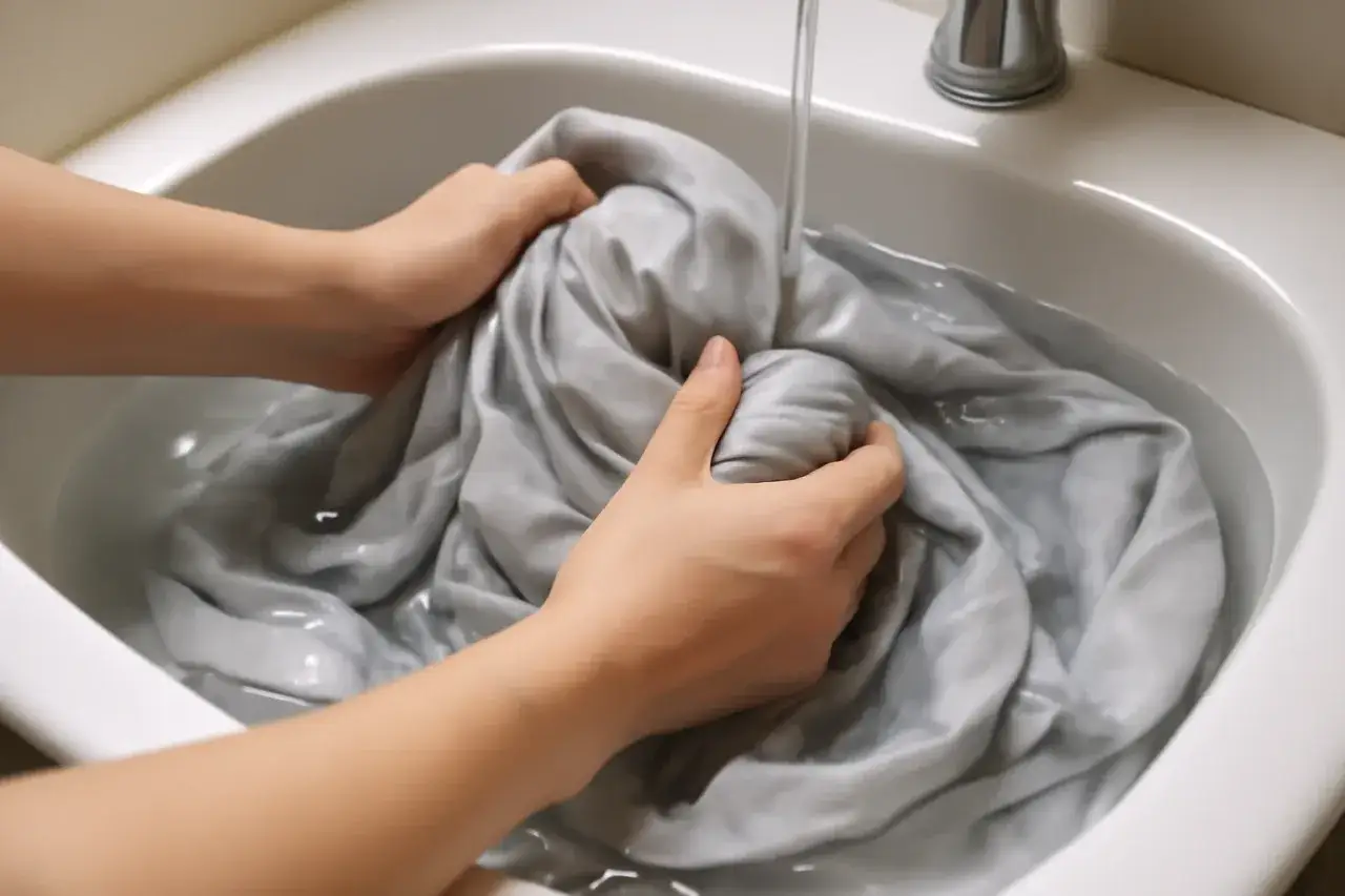 Mani delicate che lavano a mano un tessuto di raso grigio in un lavandino, mostrando come lavare il raso a mano con cura.