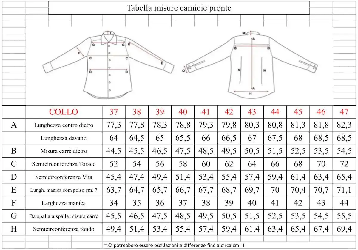 Tabella misure camicie: la taglia 16 corrisponde a una circonferenza collo di 41 cm, lunghezza centro dietro 79,3 cm e altre misure indicate.