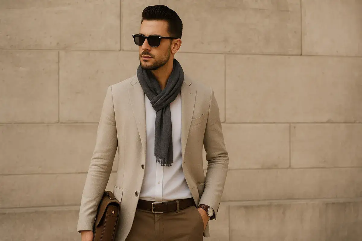 Uomo con giacca beige, sciarpa grigia e occhiali da sole. Un esempio di cosa mettere sopra una camicia per un look elegante.