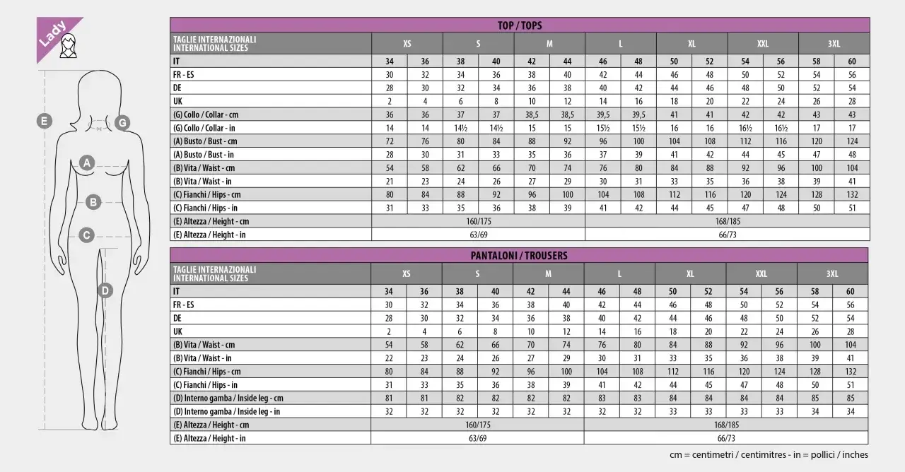 Tabella taglie: taglia 38 corrisponde a IT 38, FR/ES 32, DE 30, UK 6 per top e pantaloni.