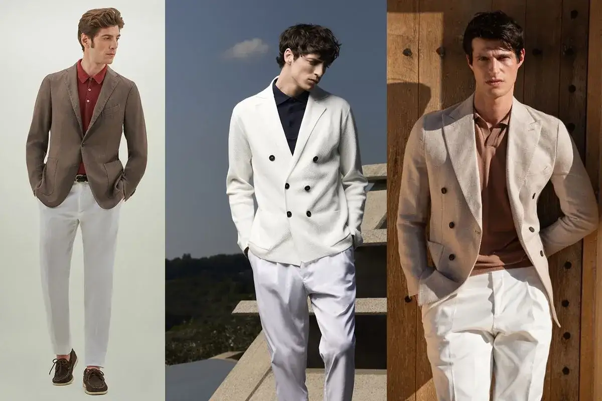 Tre uomini indossano un elegante outfit con polo uomo: blazer marrone, bianco e beige con pantaloni chiari.
