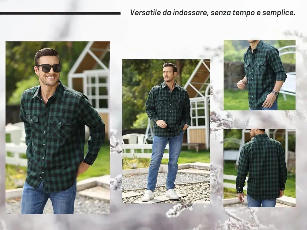 Uomo con camicie in flanella a quadri verdi e nere, perfette per un look casual e senza tempo.