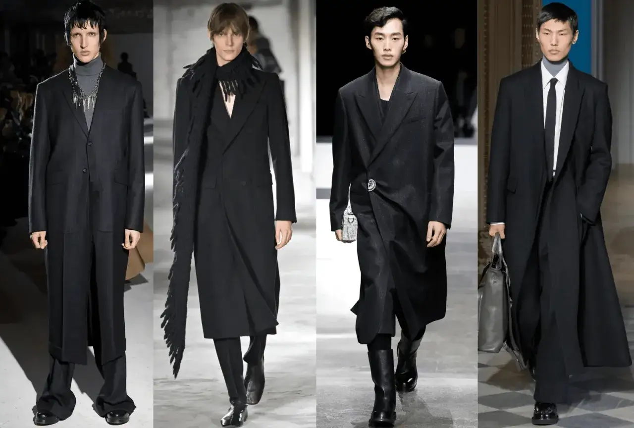 Quattro uomini in passerella con un elegante abbinamento cappotto nero uomo, alcuni con sciarpe, altri con borse.