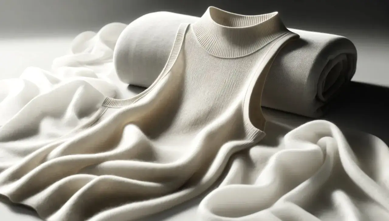 Maglia senza maniche in lana merinos color crema, morbida e drappeggiata, su un rotolo di tessuto. La lana merinos si restringe, ma la sua morbidezza rimane.
