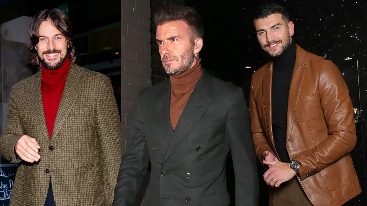 Tre uomini con un look elegante: un maglione a collo alto sotto una giacca a quadri, un completo scuro e una giacca di pelle marrone.
