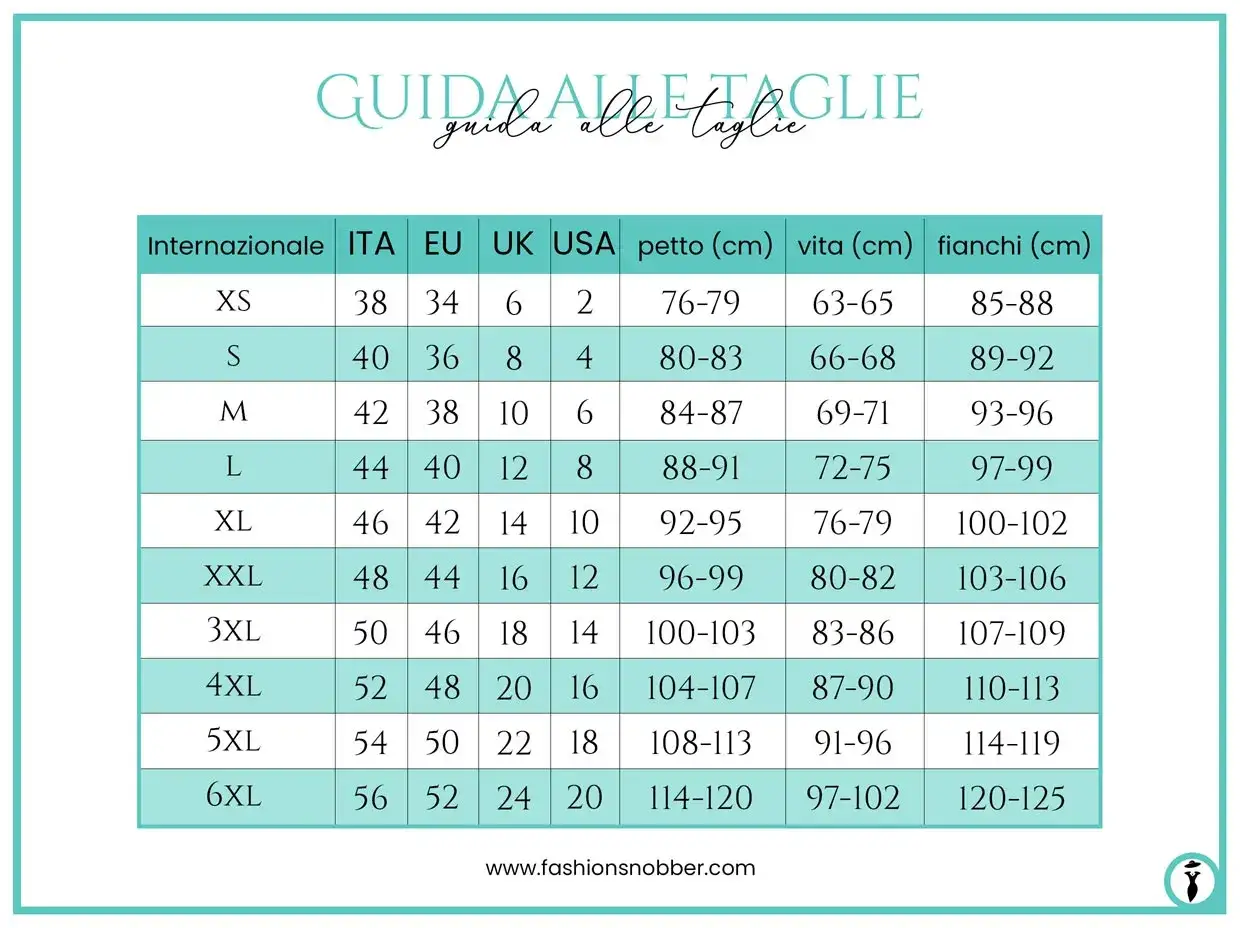 Guida taglie: taglia 12 americana corrisponde a una L italiana (44 ITA), 40 EU, 14 UK, con misure petto 88-91 cm, vita 72-75 cm, fianchi 97-99 cm.